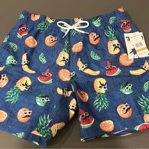Playful Blue Swim Trunks with Citrus Fruit Design